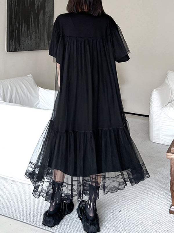 Gauze Pleated Solid Color Split-Joint Tiered Fake Two-Piece Loose Round-Neck Midi Dresses