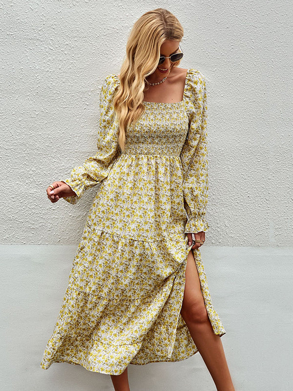 Bohemia Long Sleeves Floral Printed U-Neck Dress