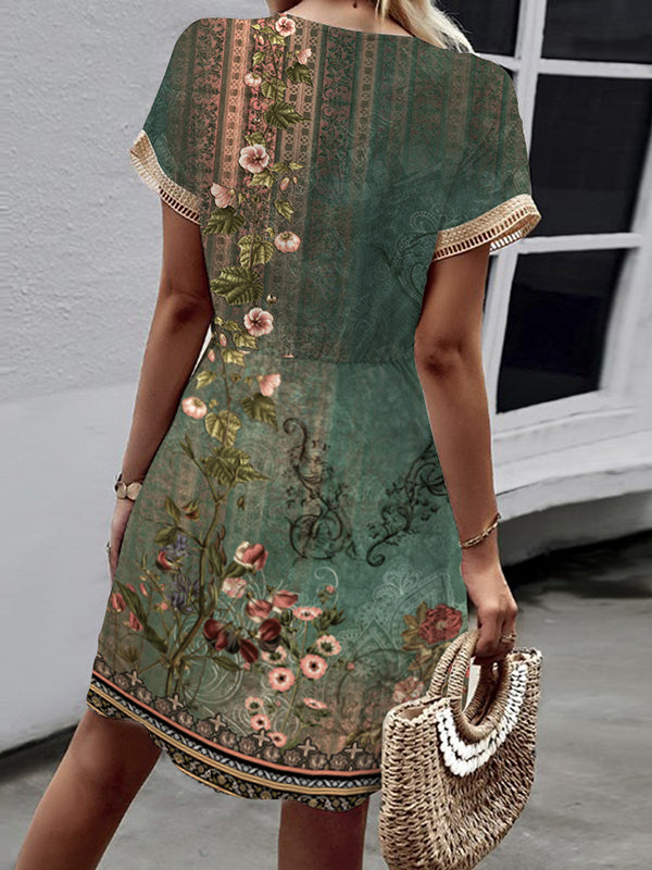 Elasticity Flower Print Hollow Split-Joint Tasseled Tied Waist A-Line Loose V-Neck Mini Dresses