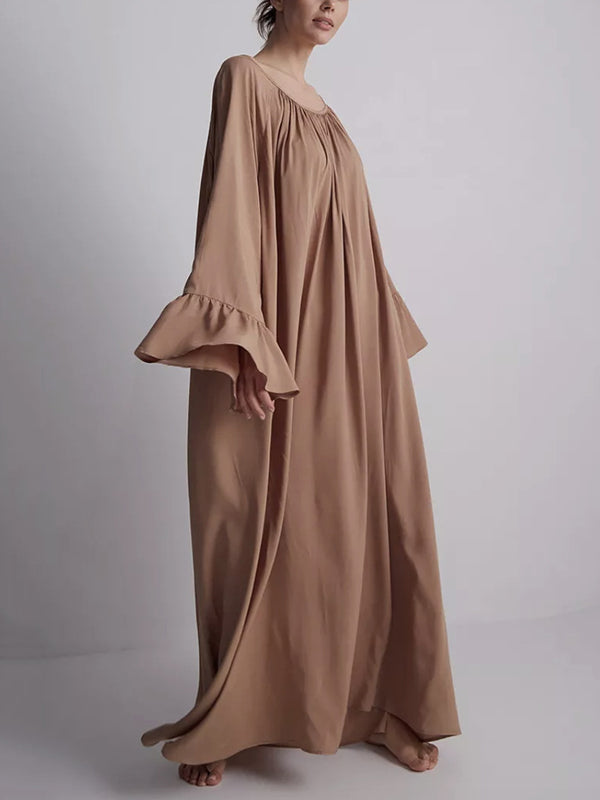 Pleated Solid Color Split-Joint A-Line Flared Sleeves Round-Neck Maxi Dresses