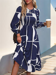 Elasticity Printed Split-Joint A-Line High Waisted Round-Neck Midi Dresses