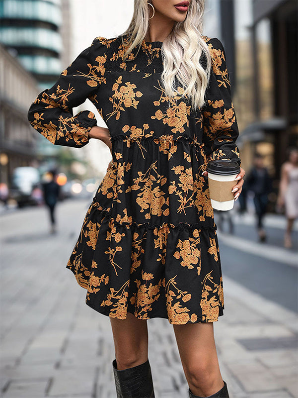 Elasticity Flower Print Split-Joint A-Line High Waisted Round-Neck Mini Dresses