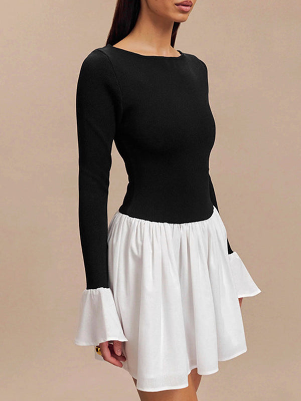Contrast Color Pleated Split-Joint A-Line Flared Sleeves Round-Neck Mini Dresses