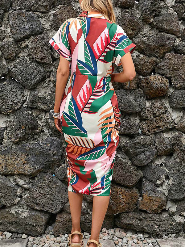 Buttoned Pleated Printed Tied Waist Raglan Sleeve Short Sleeves Lapel Shirt Dress Midi Dresses