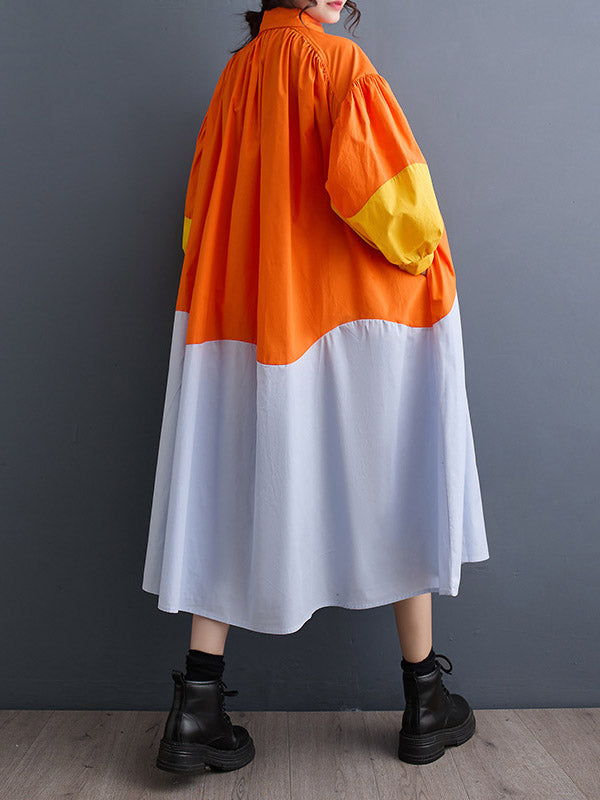 Contrast Color Pleated Split-Joint Loose Puff Sleeves Lapel Shirt Dress Midi Dresses