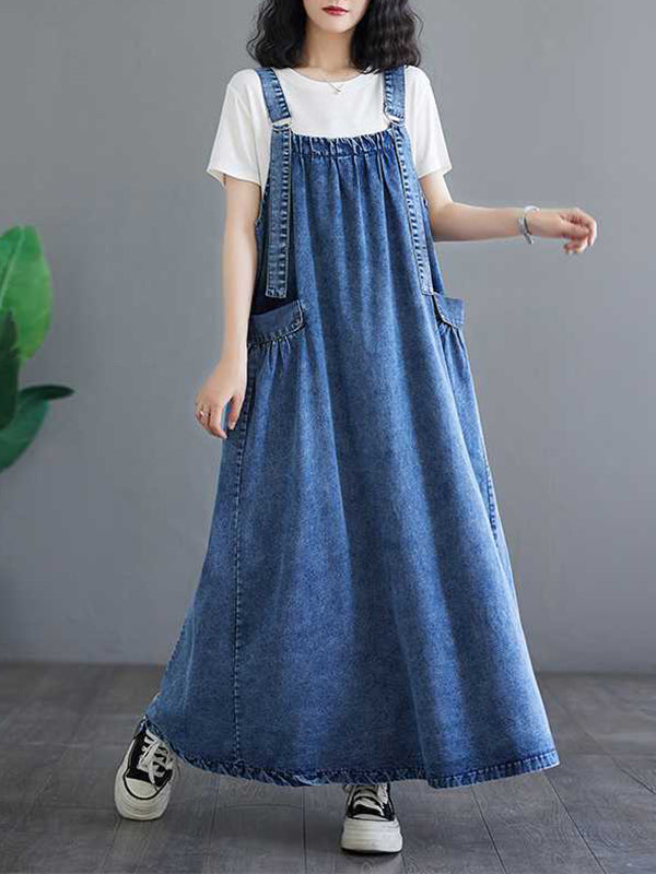 Pleated Pockets Split-Joint A-Line Loose Spaghetti-Neck Suspender Dress Maxi Dresses