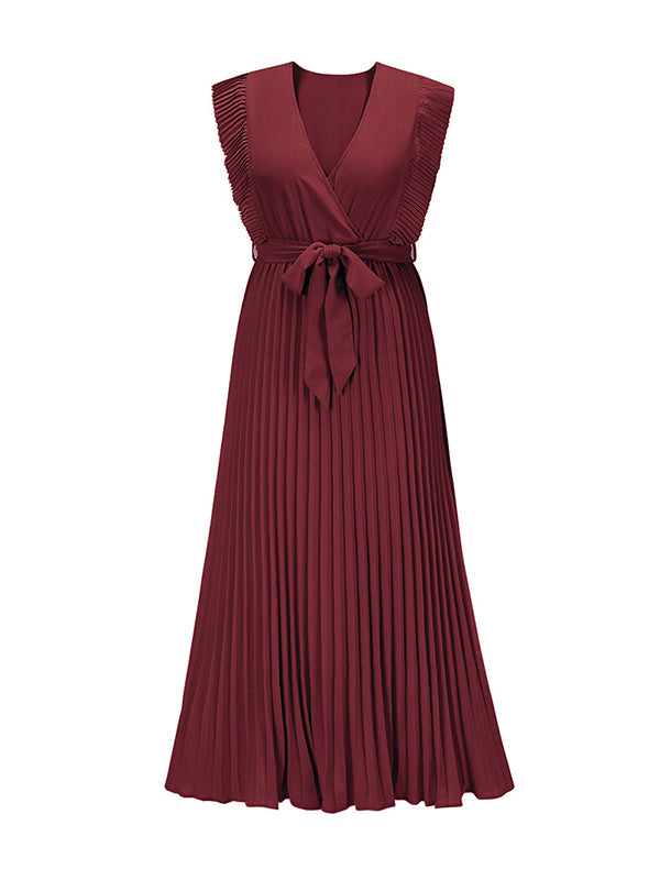 Floral Pleated Solid Color Split-Joint Tied Waist Loose Sleeveless V-Neck Maxi Dresses