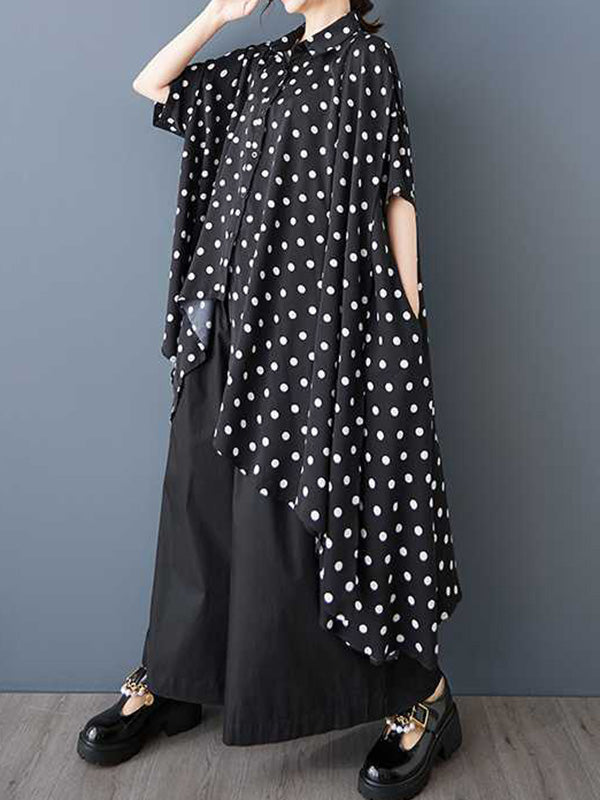 Asymmetric Buttoned Polka-Dot A-Line High-Low Lapel Shirt Dress Midi Dresses