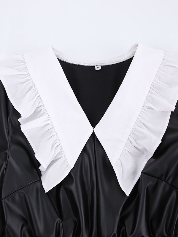 Elasticity Pleated Split-Joint Loose Puff Sleeves Peter Pan Collar Mini Dresses