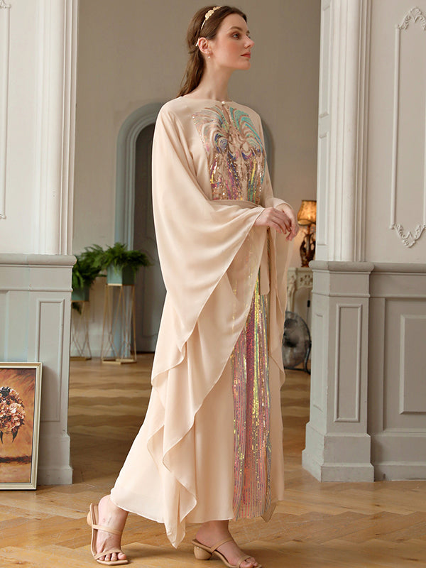 Loose A-Line Lace-Up Embroidered Solid Dress