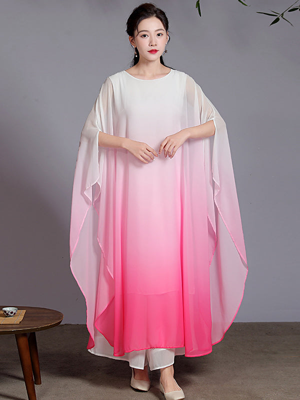 Artistic Retro Half Sleeves Loose Gradient Round-Neck Maxi Dresses