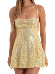 Sequin Backless Tie Up Mini Dress