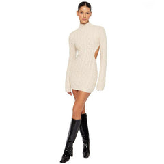 Beige Open Back Knit Mini Turtleneck Dress