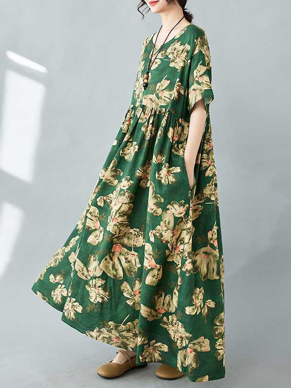 Flower Print Pleated Pockets Half Sleeves Loose Round-neck Midi Dresses