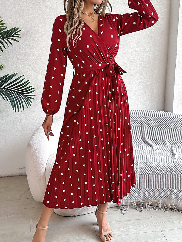 Elasticity Pleated Polka-Dot Split-Joint Tied Waist A-Line High Waisted V-Neck Shirt Dress Midi Dresses