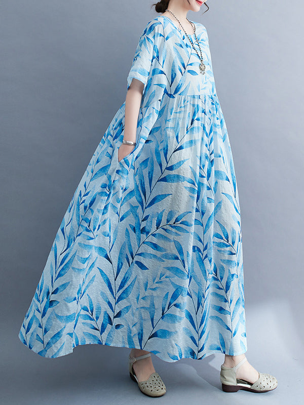 Leaf Pleated Printed Split-Joint Loose Short Sleeves Round-Neck Midi Dresses
