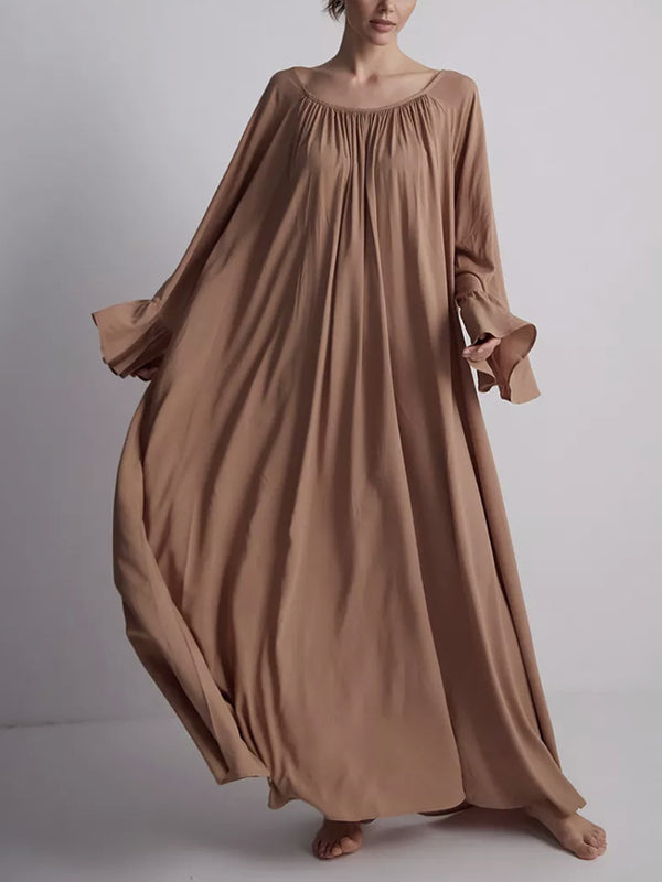 Pleated Solid Color Split-Joint A-Line Flared Sleeves Round-Neck Maxi Dresses