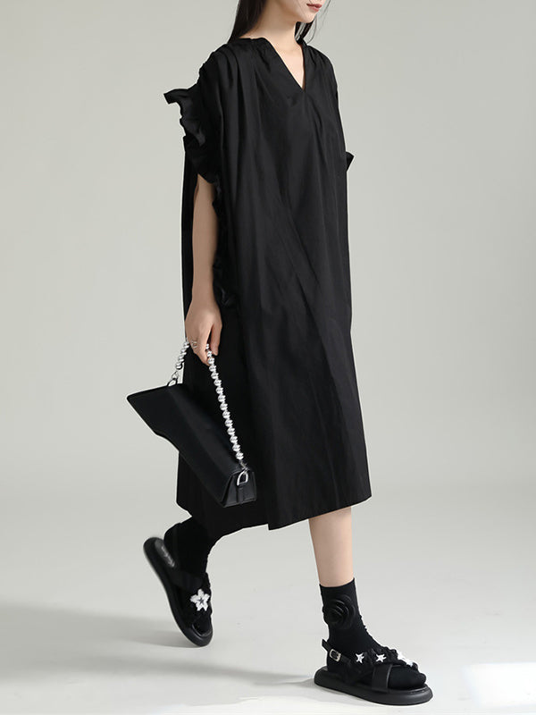 Adjustable Drawstring Pleated Solid Color Loose Raglan Sleeve V-Neck Shirt Dress Midi Dresses