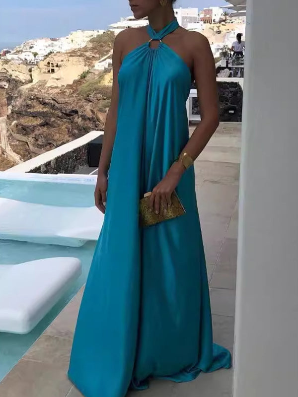 Backless Solid Color Tied A-Line Loose Halter-Neck Maxi Dresses