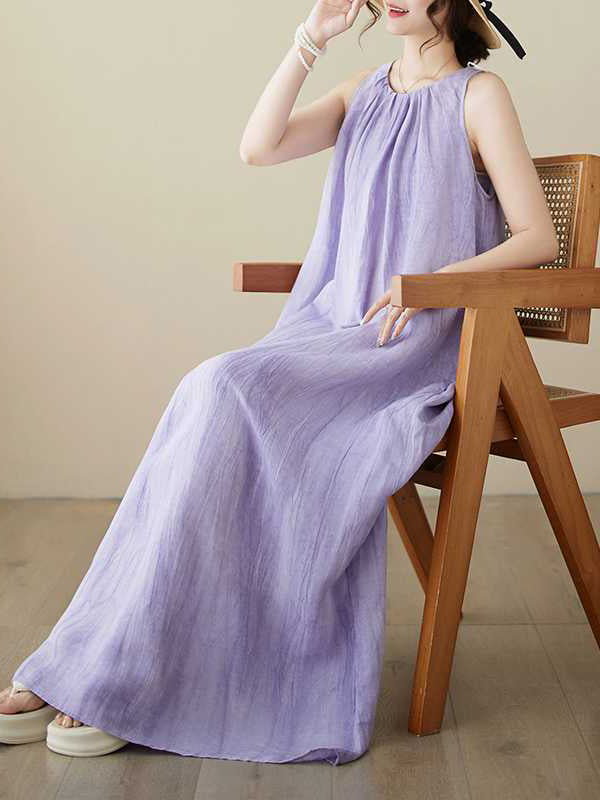Pleated Solid Color A-Line Loose Round-Neck Midi Dresses