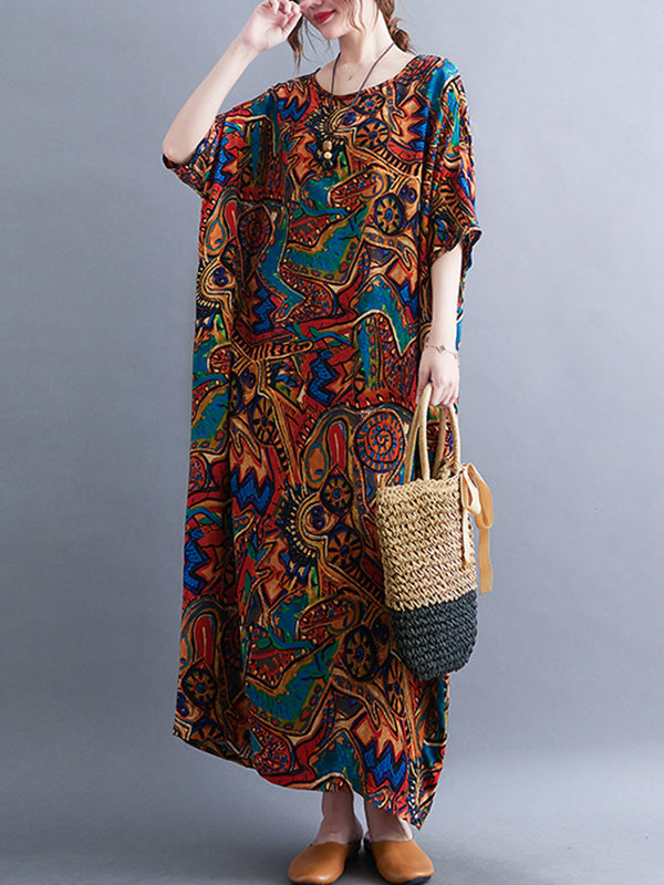 Original Artistic Retro Loose Printed Contrast Color Midi Dress
