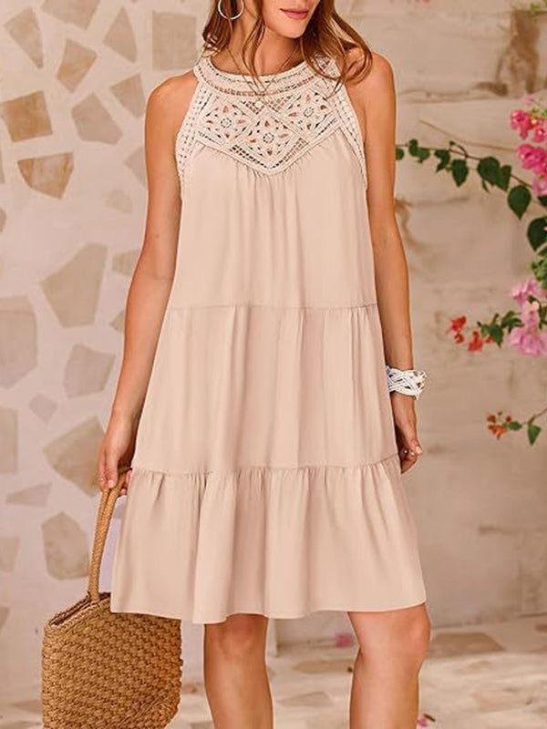 Hollow Pleated Solid Color Split-Joint A-Line Loose Round-Neck Mini Dresses