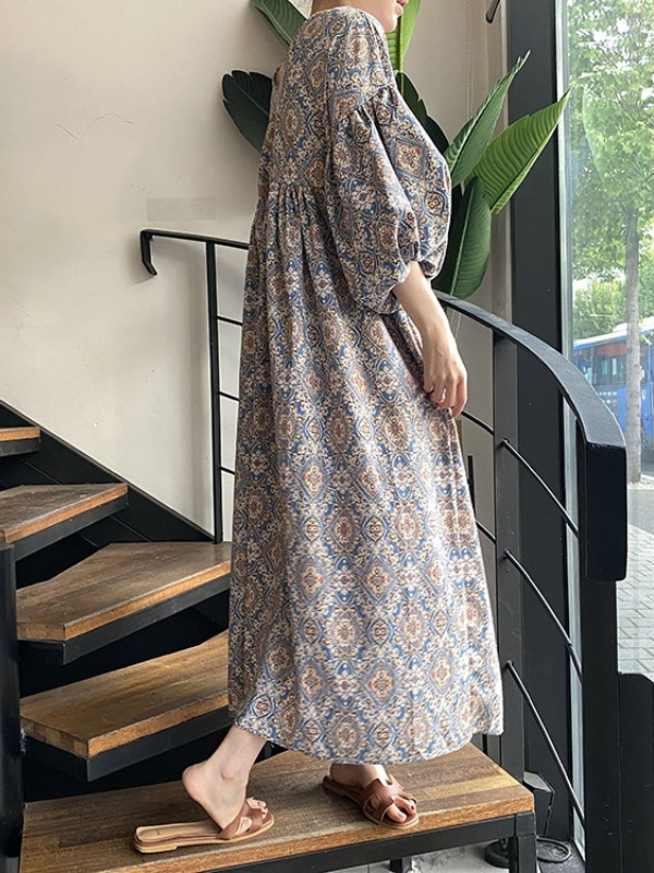 Vintage Floral Printed V-Neck Pleated Puff Sleeves Midi Dress