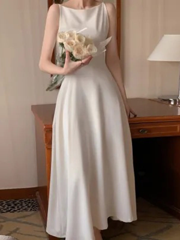 Solid Color A-Line High Waisted Spaghetti-Neck Maxi Dresses