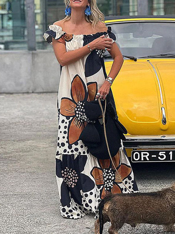 Flower Print Split-Joint Loose Short Sleeves Off-The-Shoulder Maxi Dresses