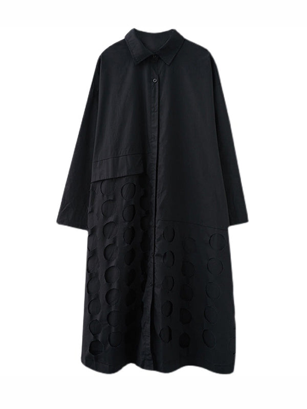 Asymmetric Hollow Polka-Dot Solid Color A-Line Long Sleeves Lapel Midi Dresses