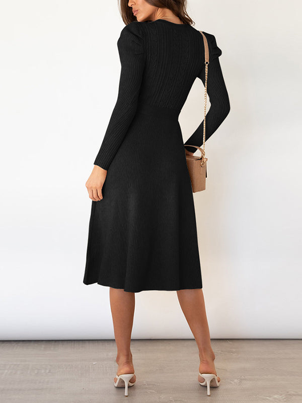 Solid Color Tied Waist High Waisted Long Sleeves Round-Neck Sweater Dresses Midi Dresses