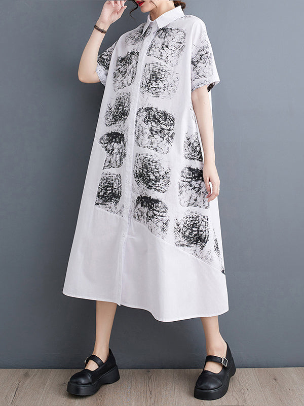 Abstract Printed Loose Short Sleeves Lapel Shirt Dress Midi Dresses