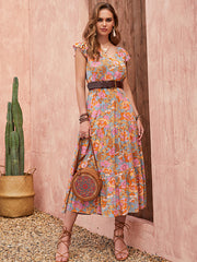 Bohemia A-Line Flared Sleeves V-Neck Maxi Dress