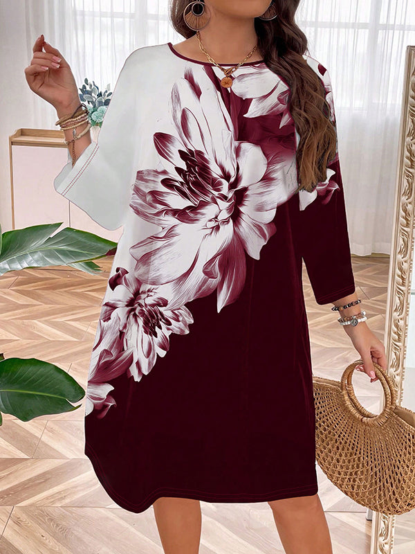 Flower Print Split-Joint A-Line Long Sleeves Round-Neck Midi Dresses