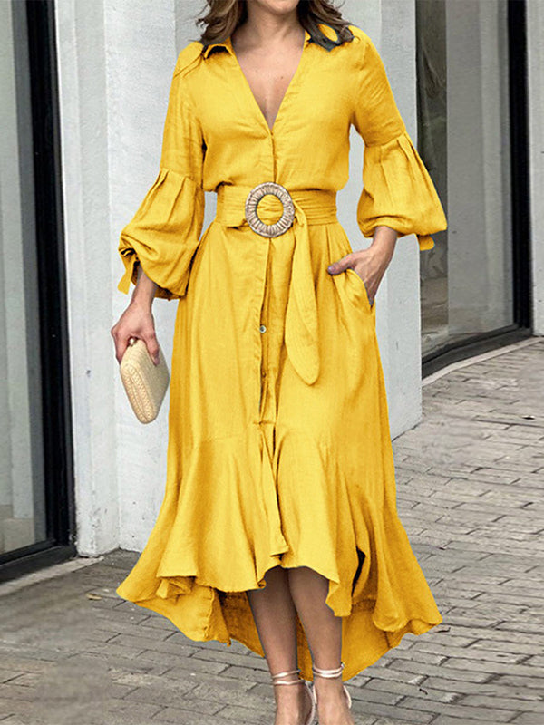 Pleated Solid Color High-Low Puff Sleeves Lapel Collar Maxi Dresses