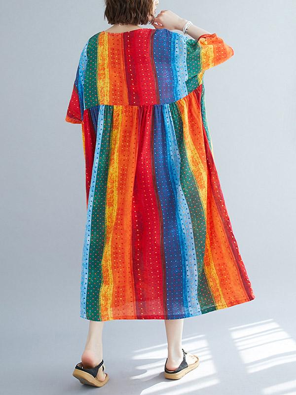 Striped Printed Loose A-Line Round-Neck Dress