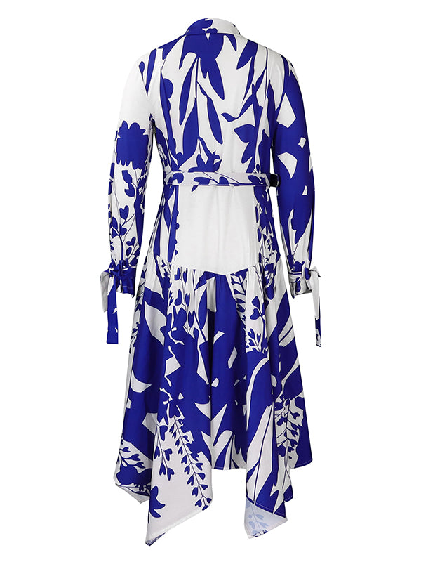 Lace-Up Pleated Printed Split-Joint Tied Waist Irregular clipping Long Sleeves Lapel Shirt Dress Maxi Dresses