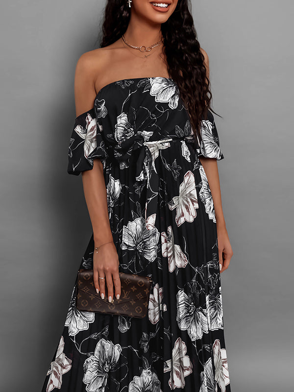 Elasticity Flower Print Pleated Split-Joint Tied Waist A-Line Loose Off-The-Shoulder Maxi Dresses