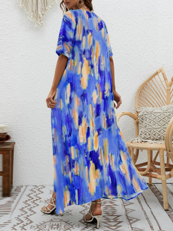 Contrast Color High-Waisted Printed Loose Short Sleeves V-neck Maxi Dresses