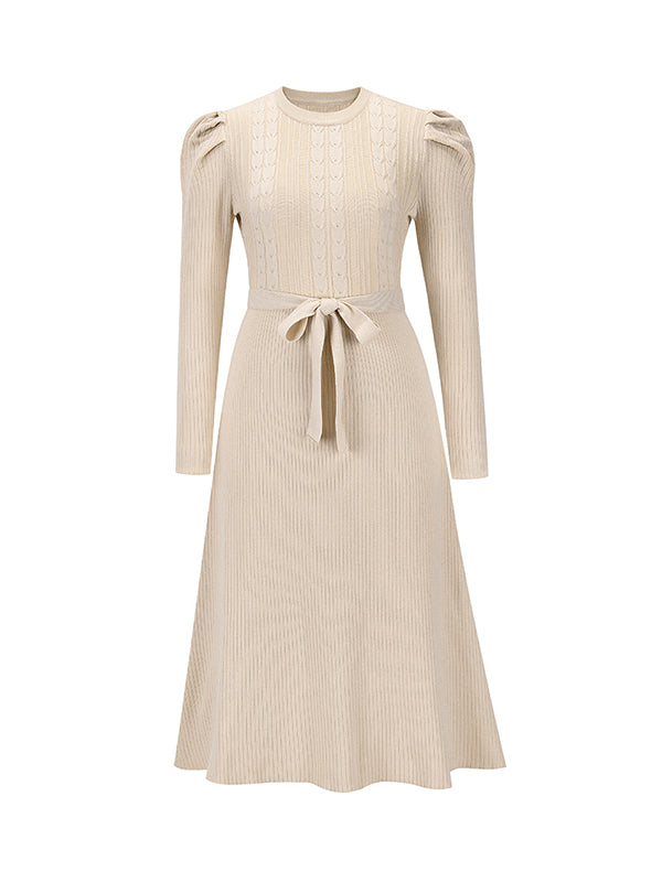 Solid Color Tied Waist High Waisted Long Sleeves Round-Neck Sweater Dresses Midi Dresses