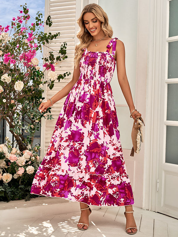 Bohemia A-Line Sleeveless Floral Printed U-Neck Maxi Dress