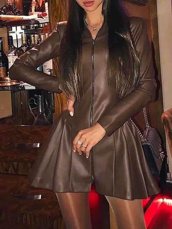 Pleated Split-Joint Zipper Long Sleeves Skinny Stand Collar Mini Dresses