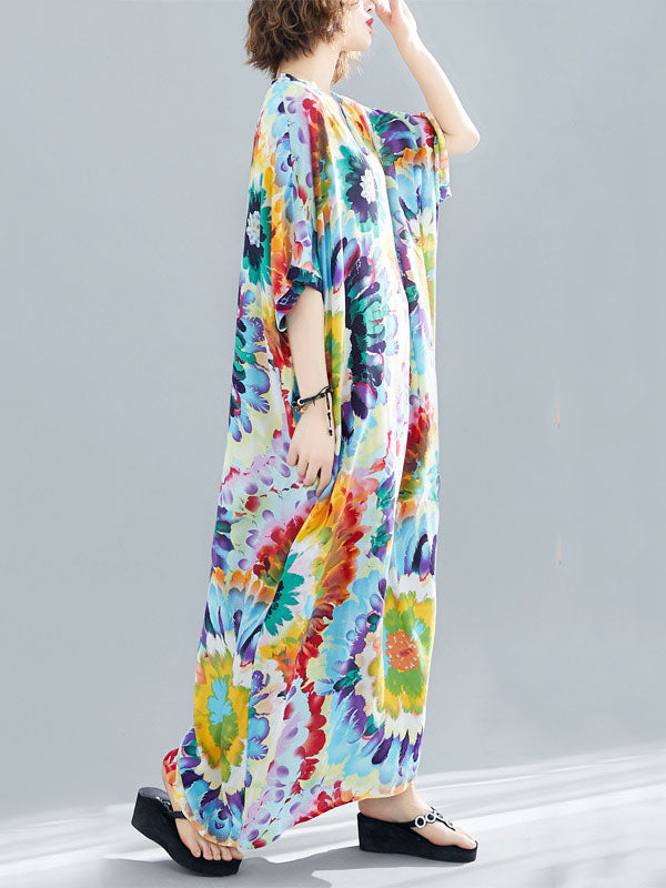 Vintage Loose Tie-Dyed Batwing Sleeves V-Neck Maxi Dress