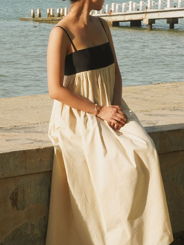Contrast Color Pleated Split-Joint A-Line Loose Spaghetti-Neck Maxi Dresses