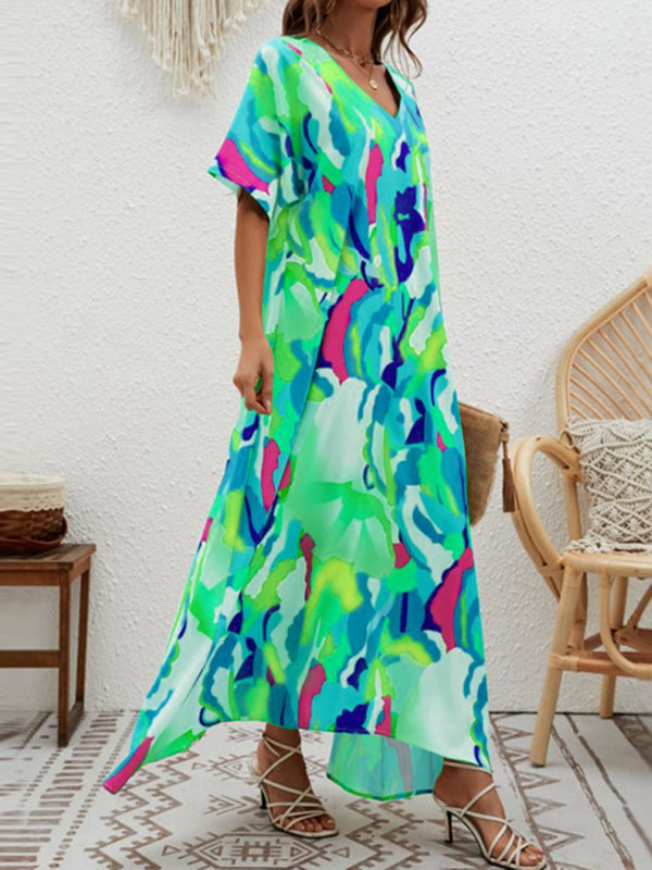 Contrast Color High-Waisted Printed Loose Short Sleeves V-neck Maxi Dresses