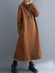 Pockets Solid Color Split-Side Velvet A-Line Long Sleeves High Neck Midi Dresses