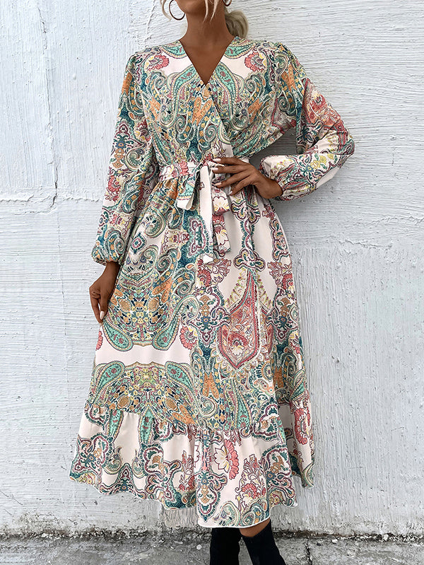 Bohemia Puff Sleeves Floral V-Neck Dress