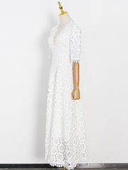 Hollow Solid Color Half Sleeves Deep V-Neck Maxi Dresses