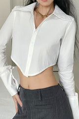 White Lapel Long Sleeve Button-Up Cropped Blouse