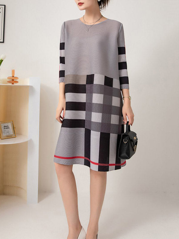Contrast Color Plaid Pleated A-Line Loose Round-Neck Mini Dresses